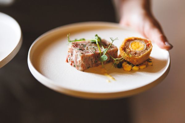Delicious plate of pate and scotch egg